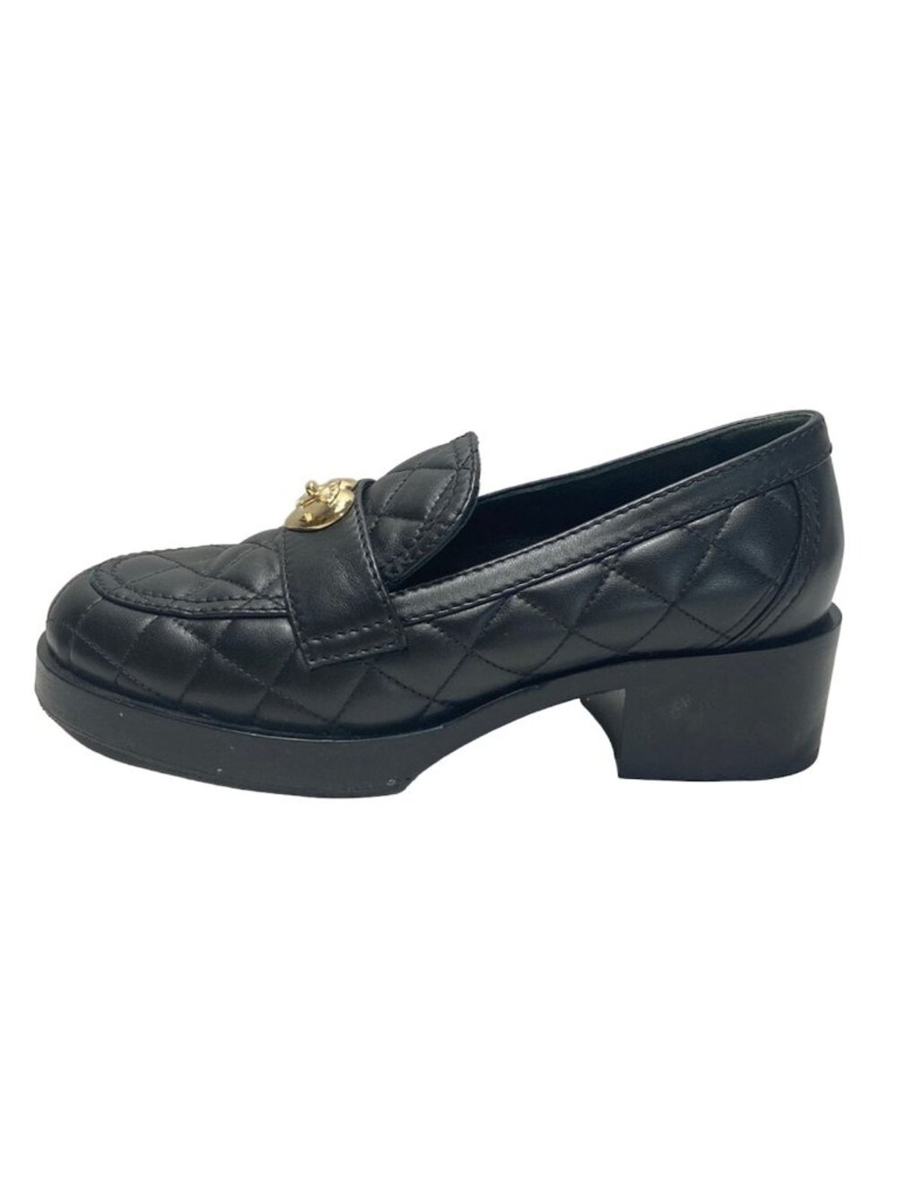 Chanel Loafers Quilted Black Heart Turnlock Gold Platforms